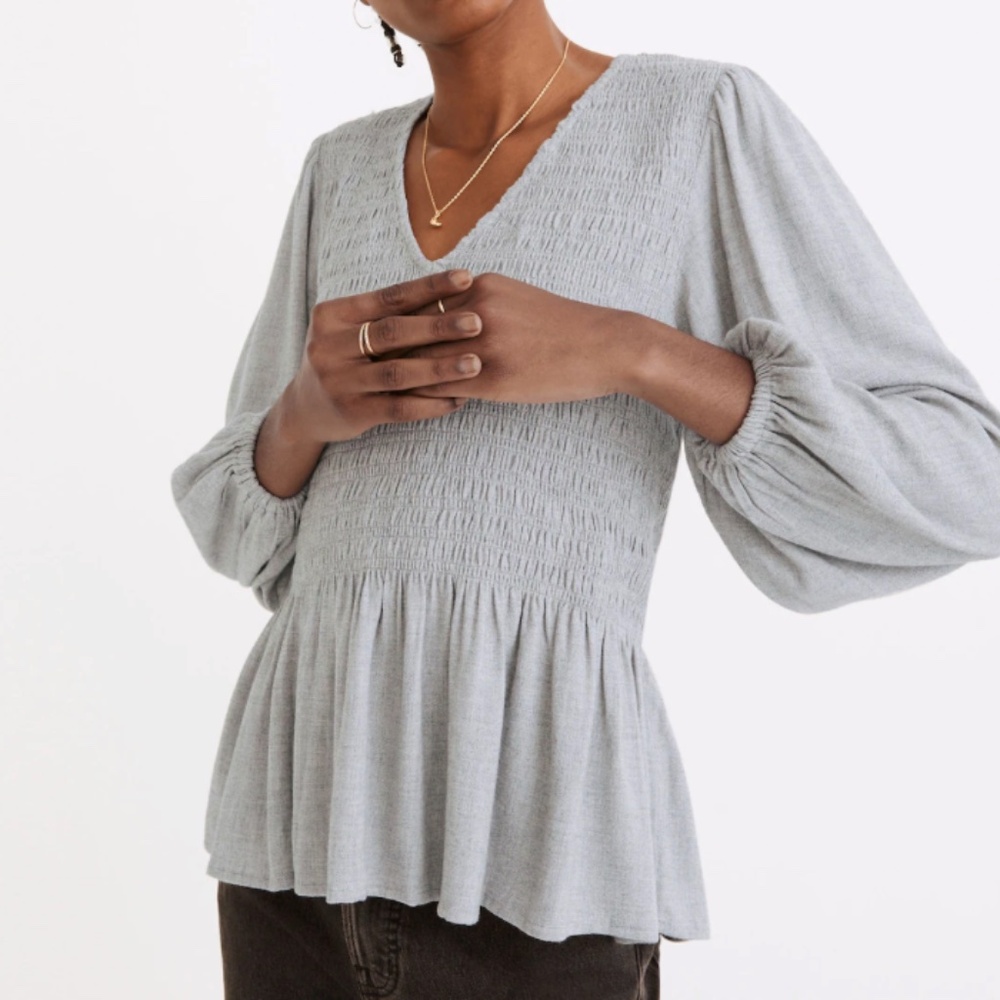 Madewell Lucie V-Neck Smocked Peplum Top in Wool Gauze